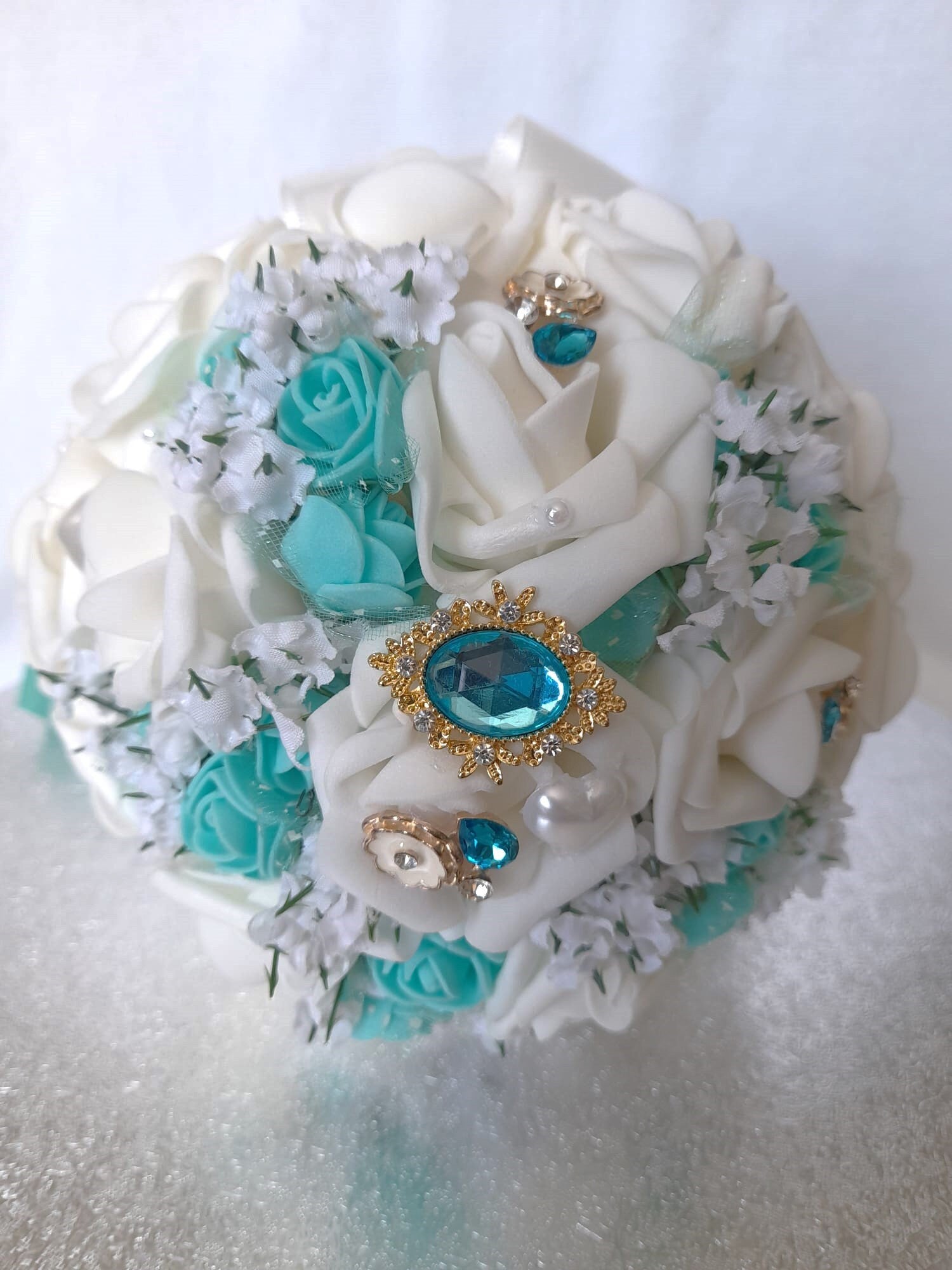 Handmade Tiffany Blue Bridal Bouquet with Brooch Accents