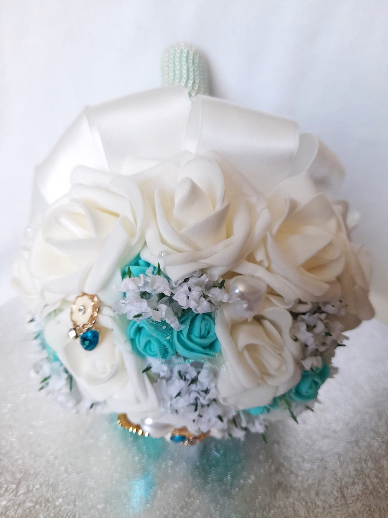 Handmade Tiffany Blue Bridal Bouquet with Brooch Accents