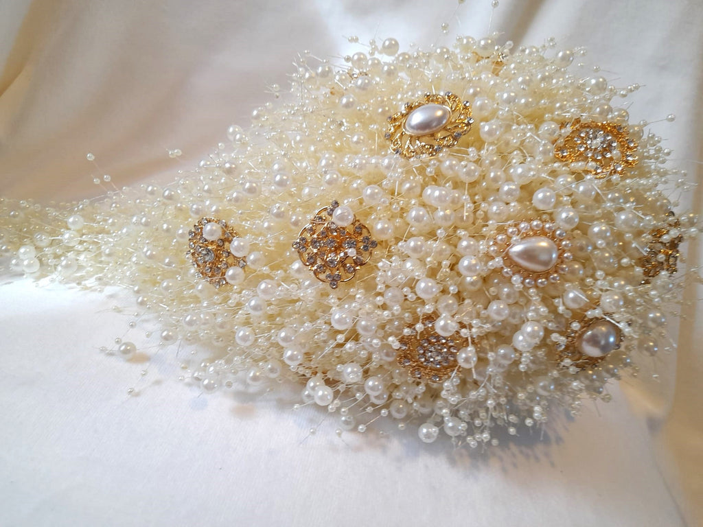 Ivory Pearl Waterfall Cascading Wedding Bridal Bouquet With The Brooch