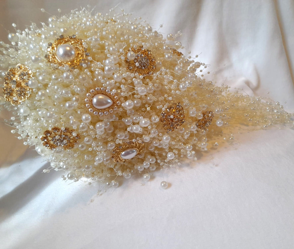 Ivory Pearl Waterfall Cascading Wedding Bridal Bouquet With The Brooch