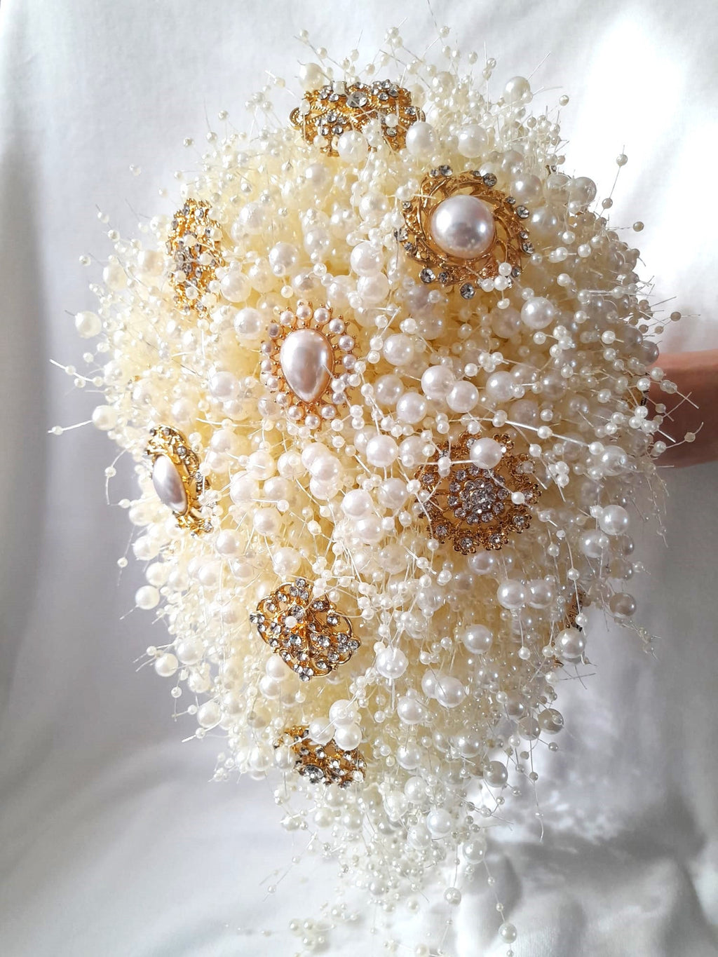 Ivory Pearl Waterfall Cascading Wedding Bridal Bouquet With The Brooch