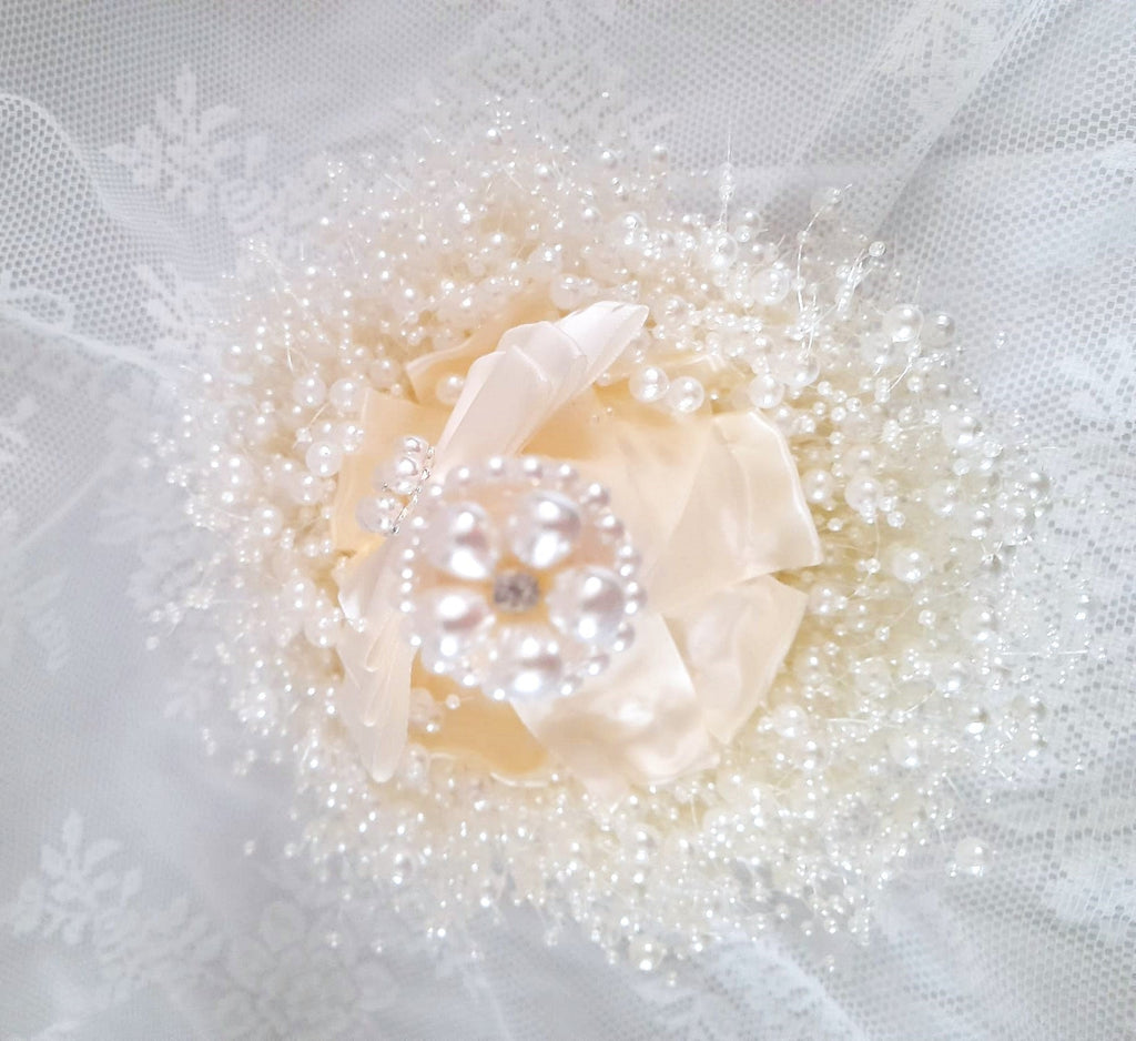 Ivory Pearl Round Posy Bouquet for Bride or Bridesmaid, Beaded Holding Bouquet