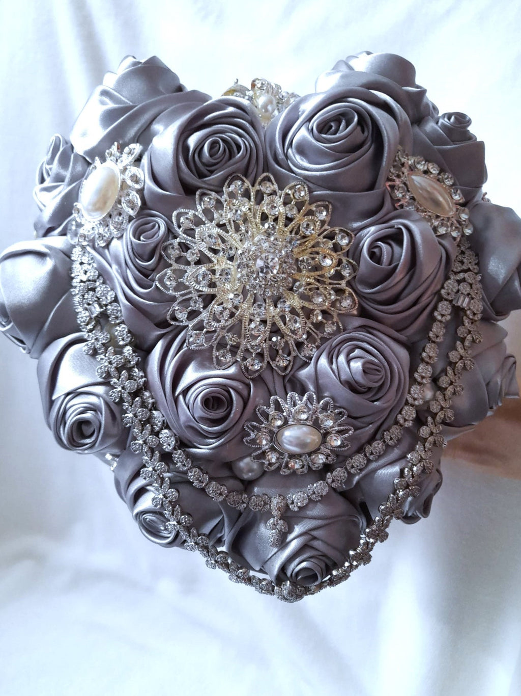 Elegant Silver Grey Heart Shape Wedding Bouquet - A Timeless Keepsake for the Bride