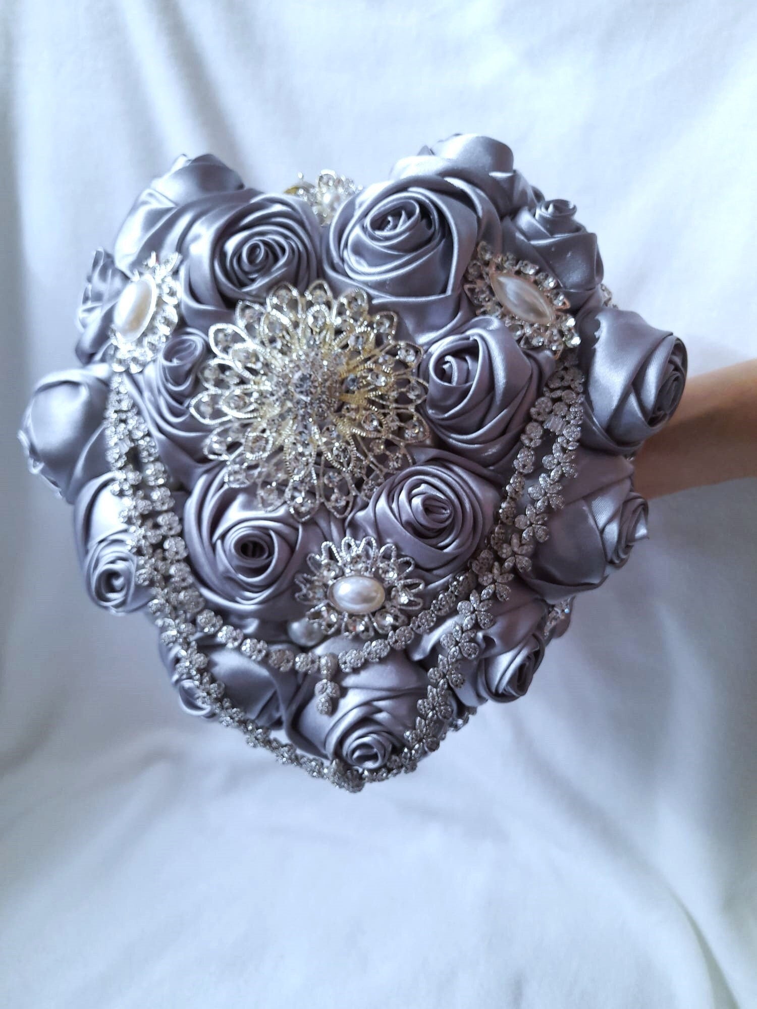 Elegant Silver Grey Heart Shape Wedding Bouquet - A Timeless Keepsake for the Bride
