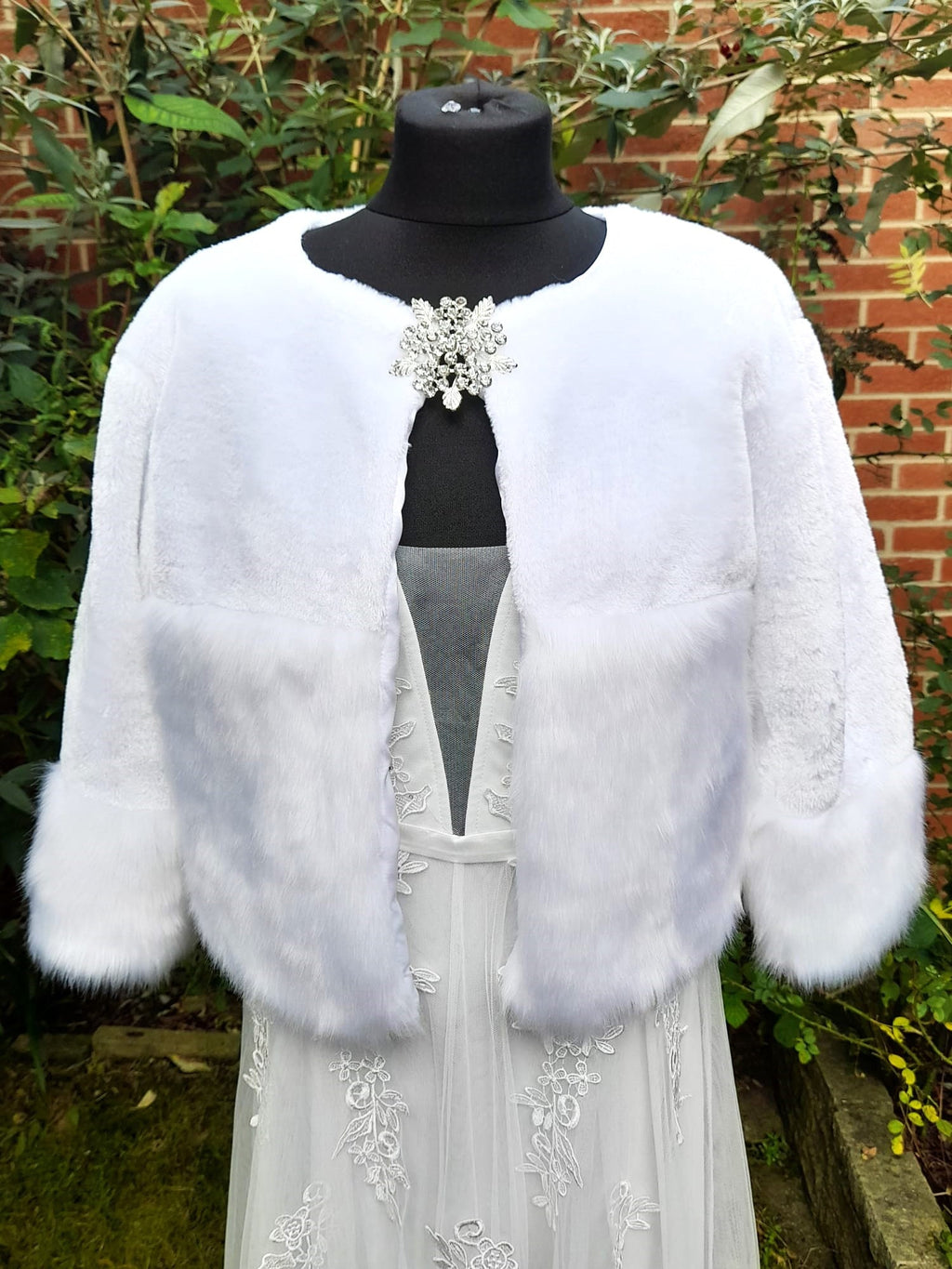 White Faux Fur Wedding Bolero: Bridal Brooch Shrug