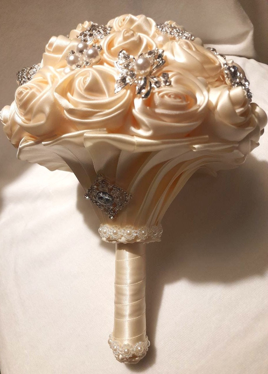 Ivory Wedding Brooch Bouquet - Exquisite Bridal Satin Flowers with a Romantic Twist
