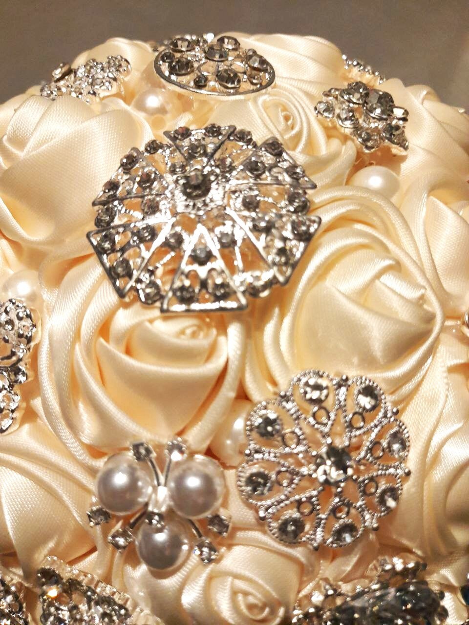 Ivory Wedding Brooch Bouquet - Exquisite Bridal Satin Flowers with a Romantic Twist