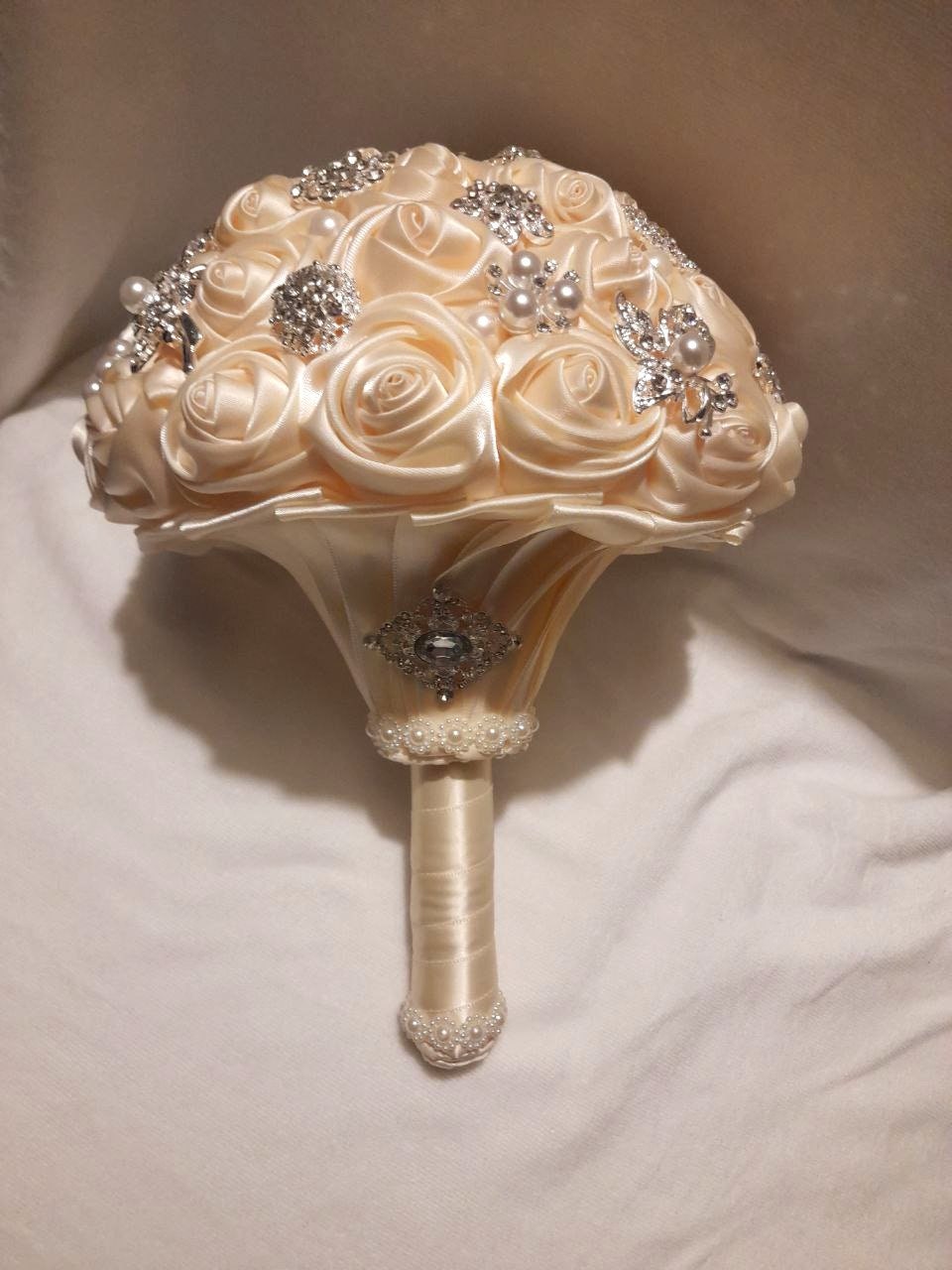 Ivory Wedding Brooch Bouquet - Exquisite Bridal Satin Flowers with a Romantic Twist