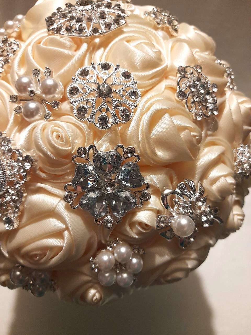 Ivory Wedding Brooch Bouquet - Exquisite Bridal Satin Flowers with a Romantic Twist