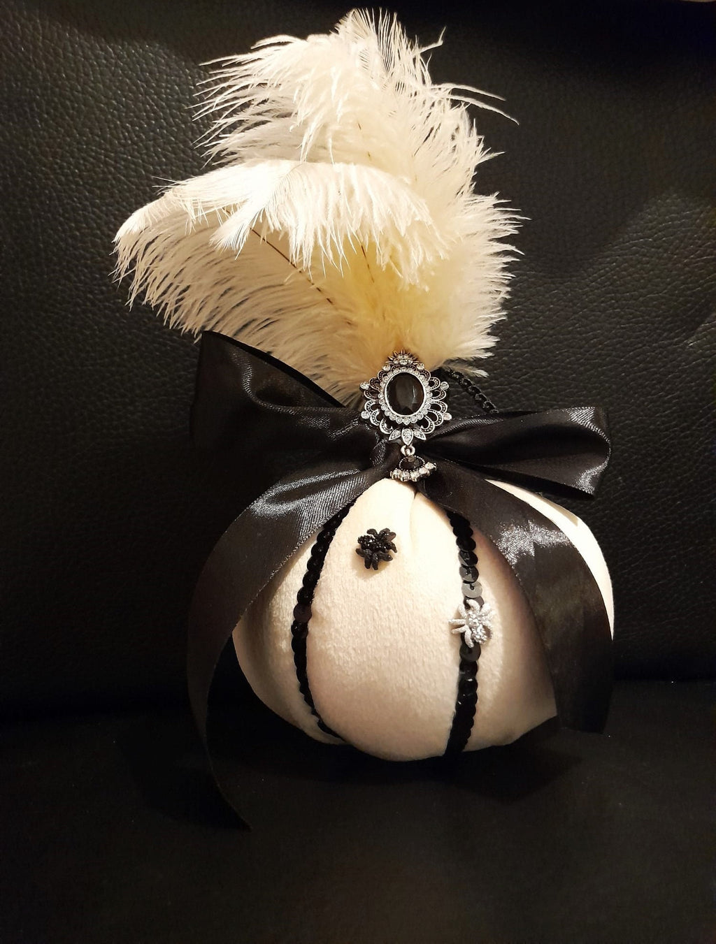 Dark and Elegant Pumpkin and Feather Bouquet for a Gothic Wedding or Halloween Party