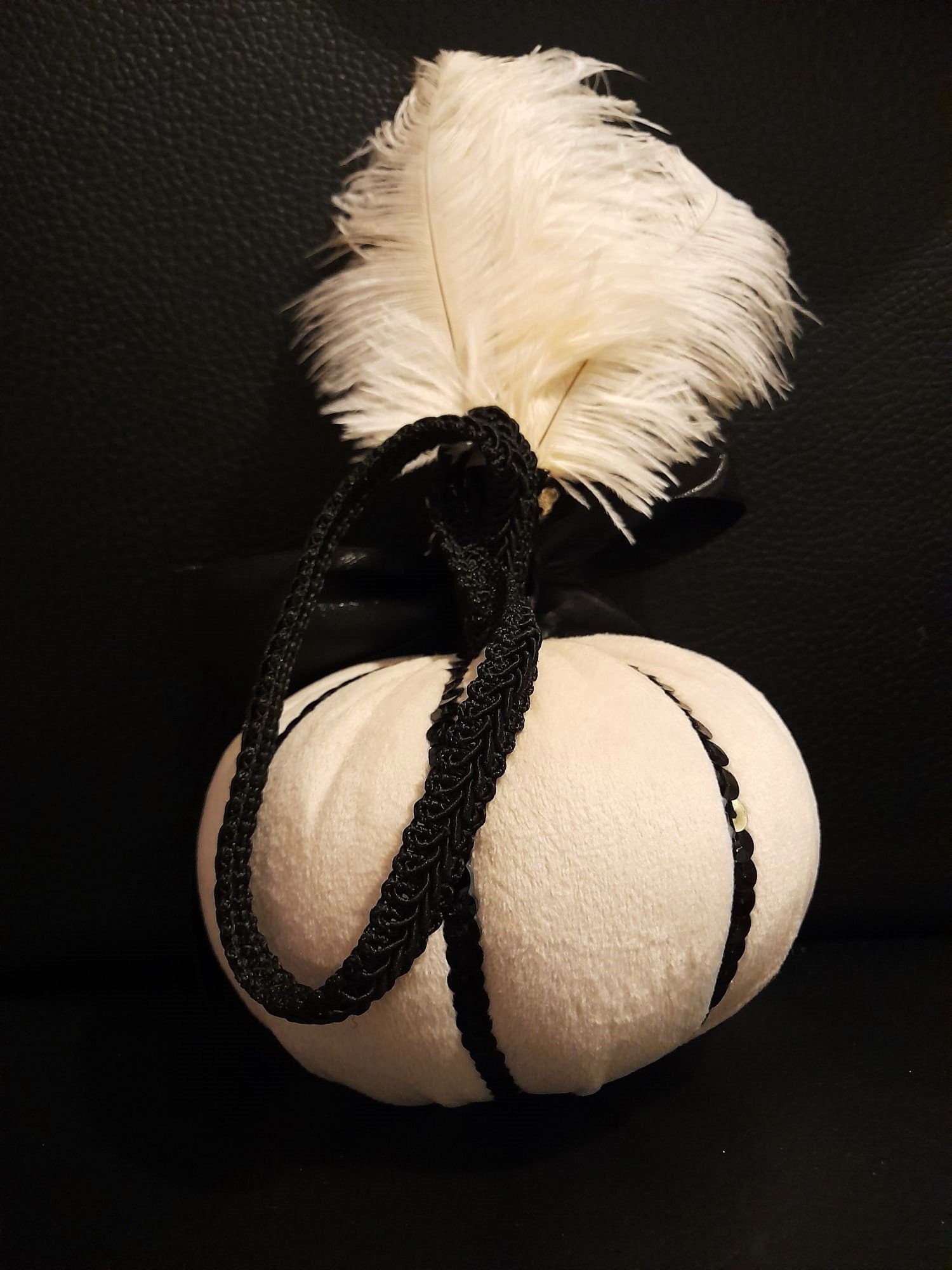 Dark and Elegant Pumpkin and Feather Bouquet for a Gothic Wedding or Halloween Party