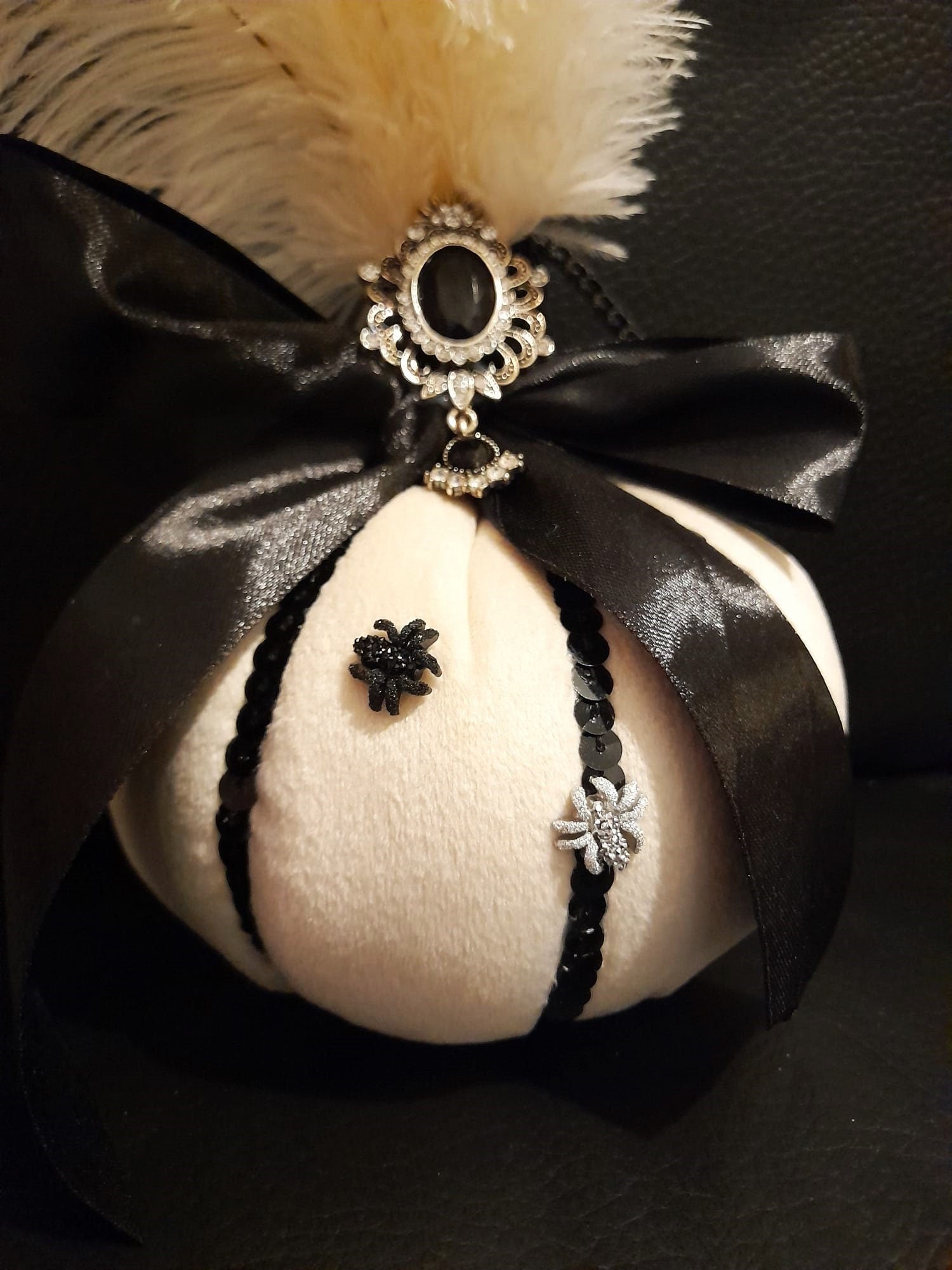 Dark and Elegant Pumpkin and Feather Bouquet for a Gothic Wedding or Halloween Party