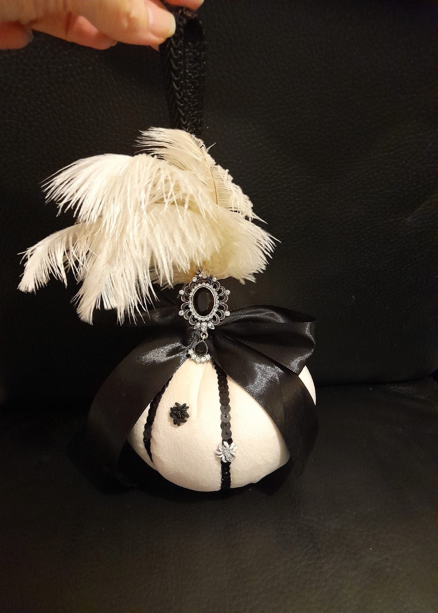 Dark and Elegant Pumpkin and Feather Bouquet for a Gothic Wedding or Halloween Party