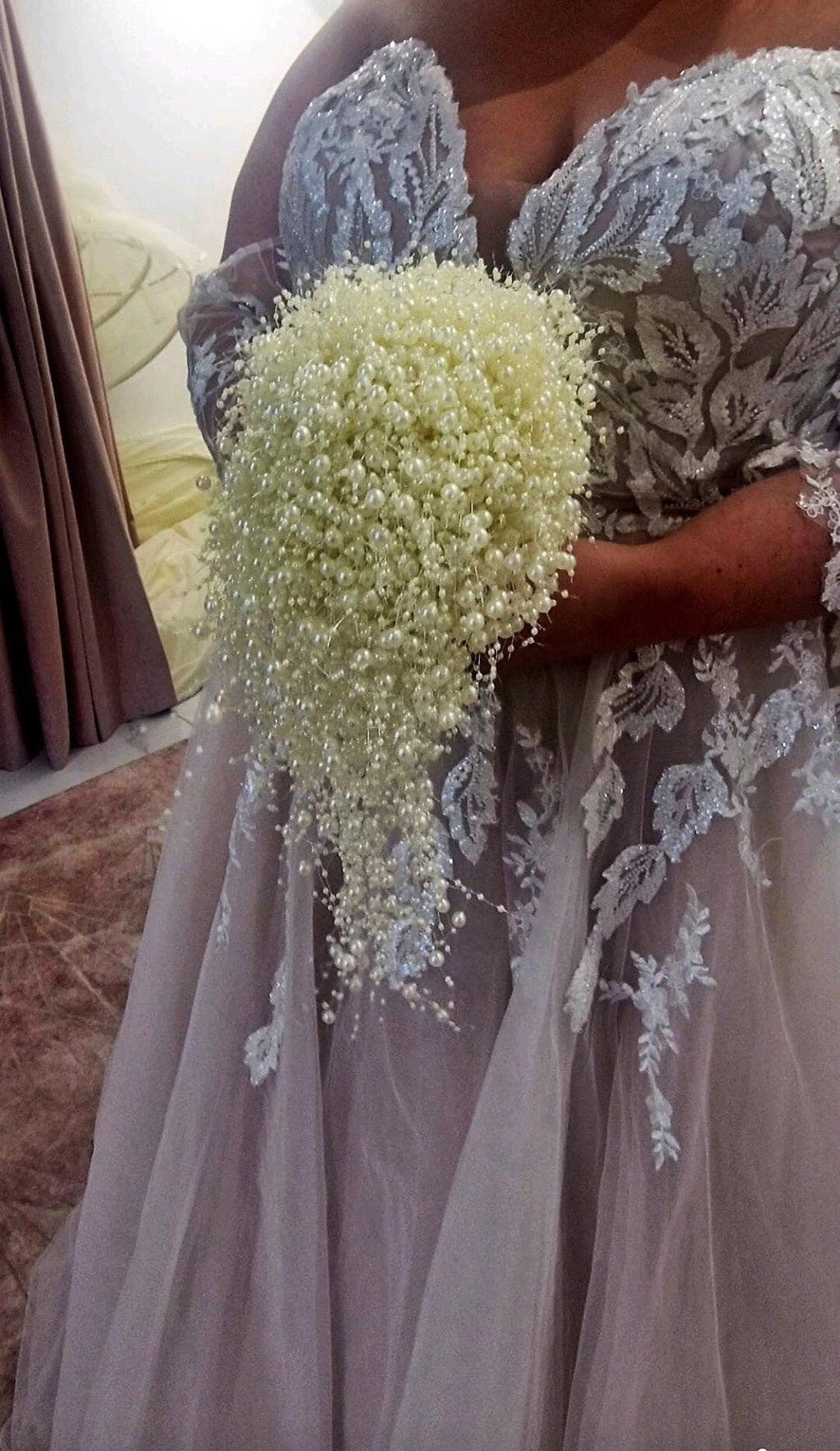 Cascading Pearl Bridal Bouquet: Ivory White Wedding Accent