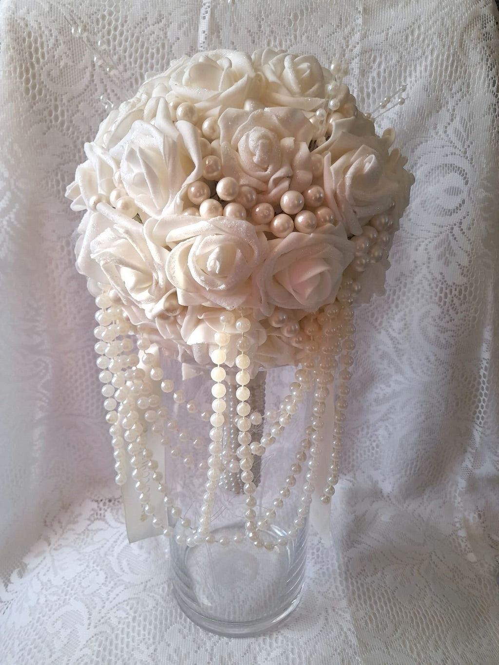 Ivory Pearl Waterfall Wedding Bouquet: Customizable Bridal Cascade