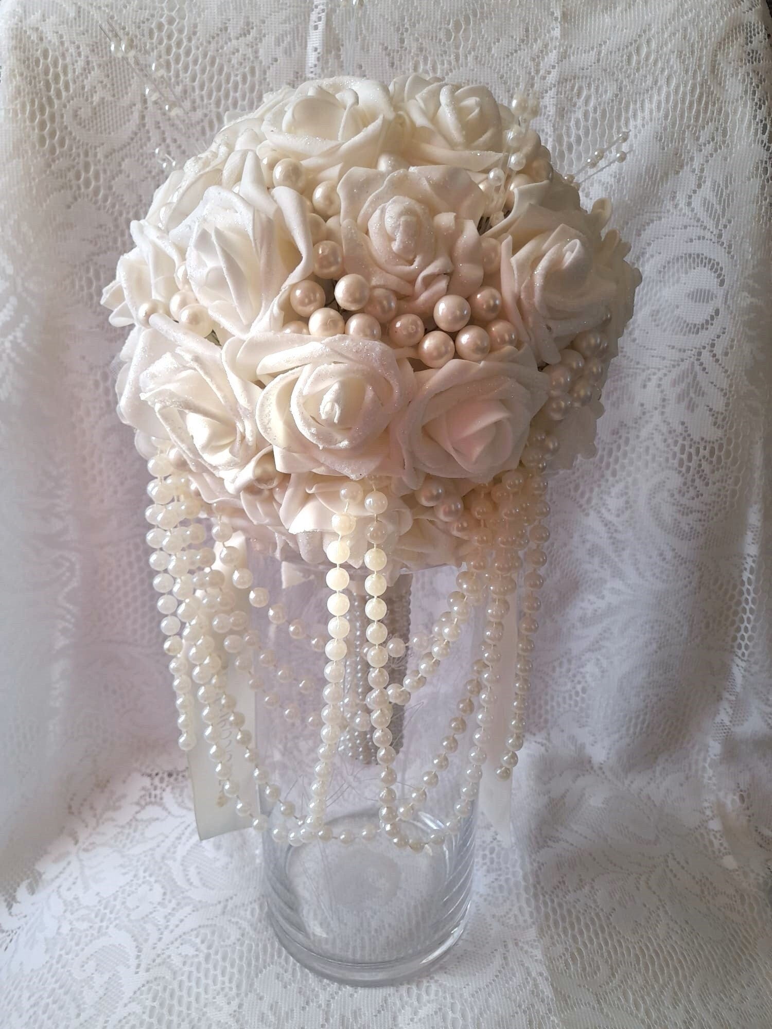 Ivory Pearl Waterfall Wedding Bouquet: Customizable Bridal Cascade