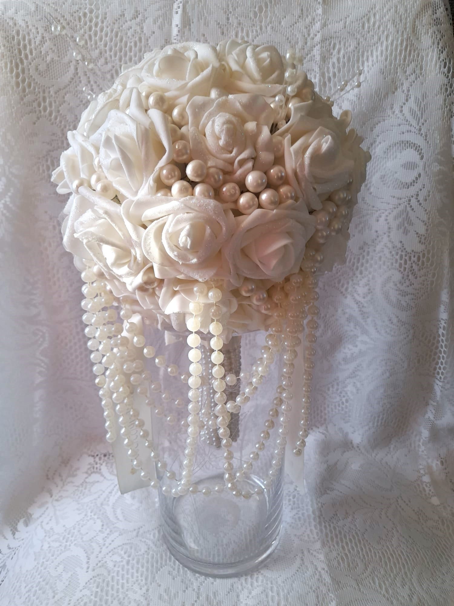 Ivory Pearl Waterfall Wedding Bouquet: Customizable Bridal Cascade
