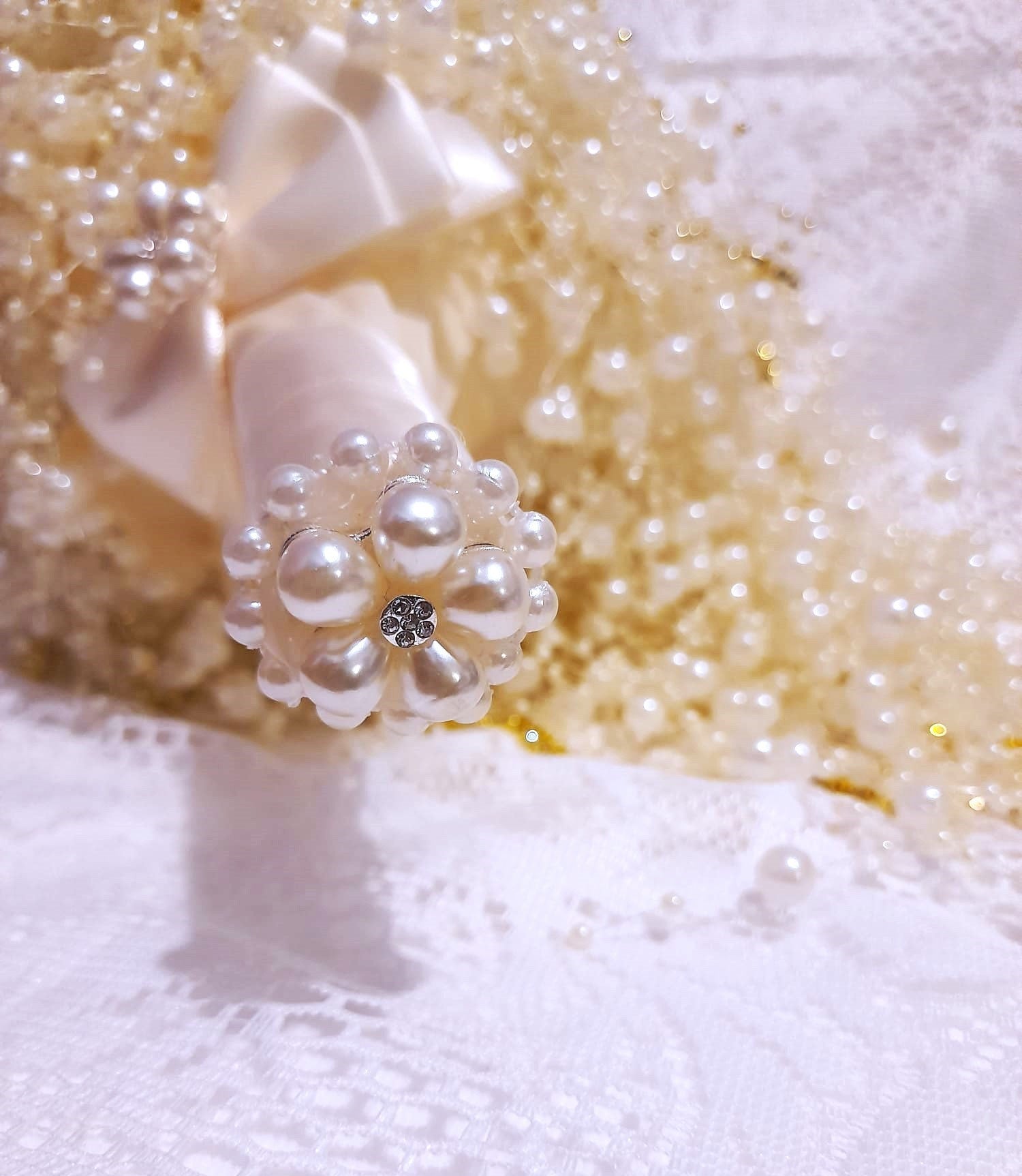 Ivory Pearl Bridal Bouquet: Jeweled Cascade with Gold Stars