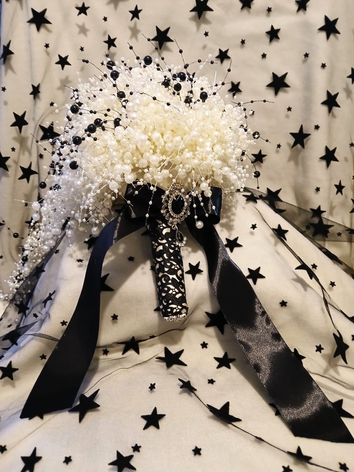 Black & Ivory Pearl Waterfall Bridal Bouquet: Gothic Wedding Decor