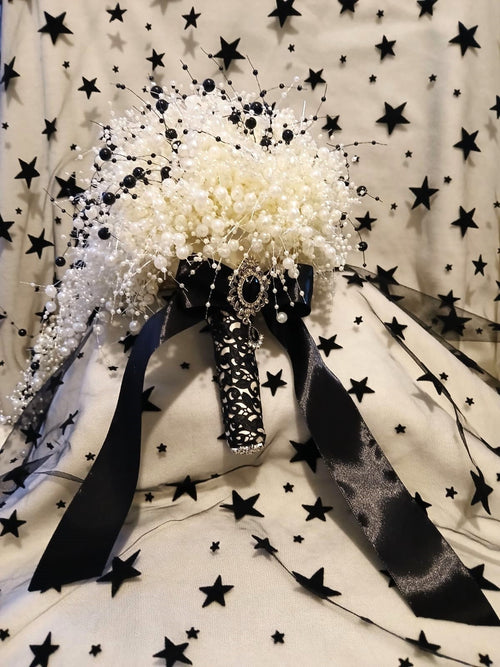 Black & Ivory Pearl Waterfall Bridal Bouquet: Gothic Wedding Decor