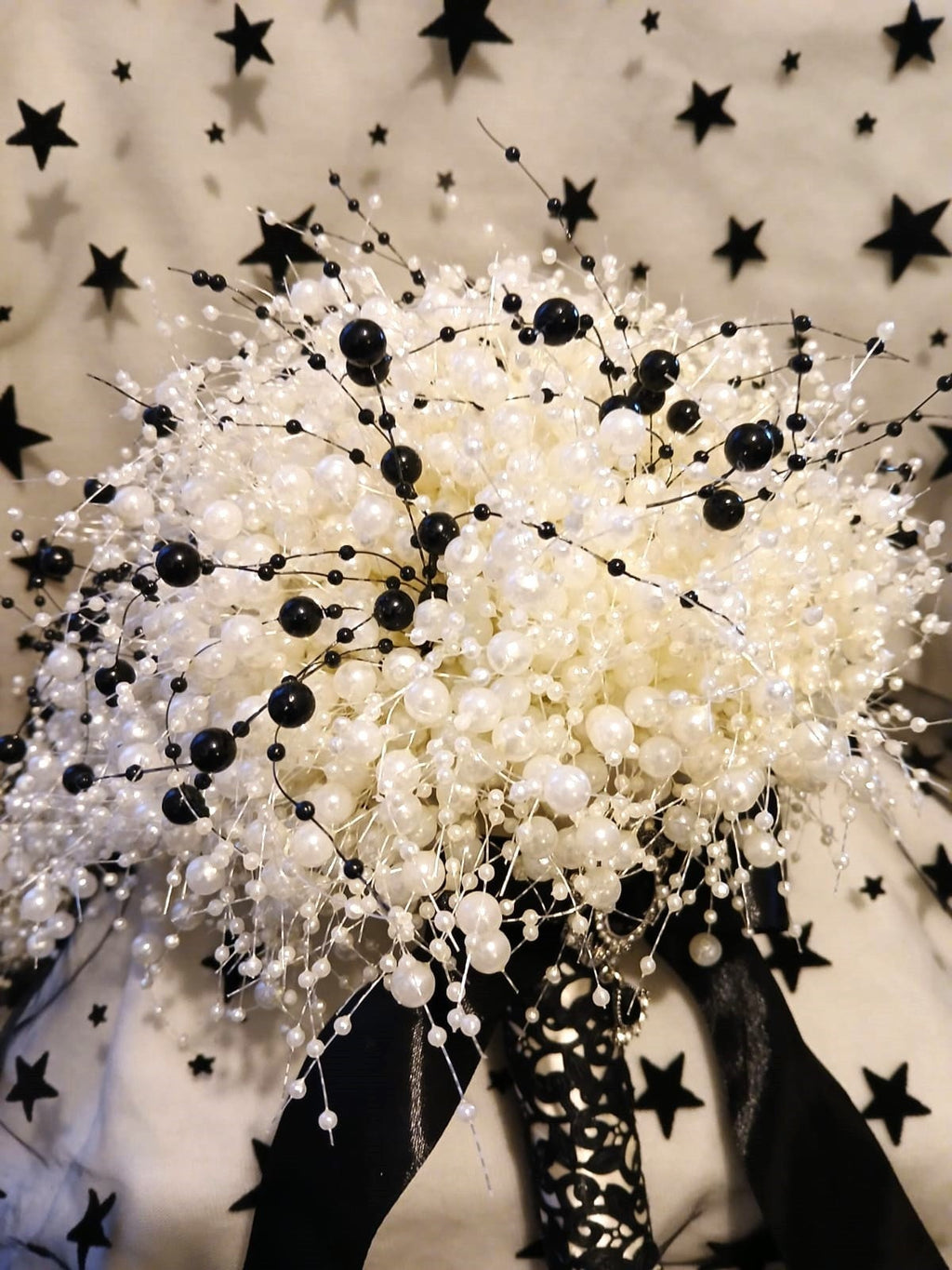 Black & Ivory Pearl Waterfall Bridal Bouquet: Gothic Wedding Decor