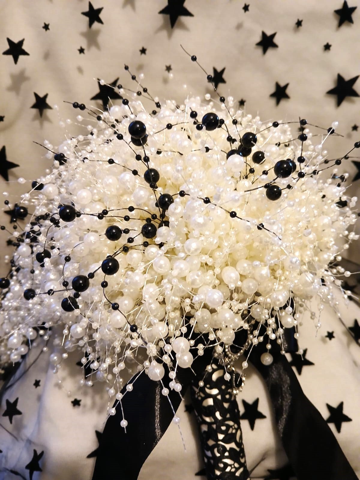 Black & Ivory Pearl Waterfall Bridal Bouquet: Gothic Wedding Decor