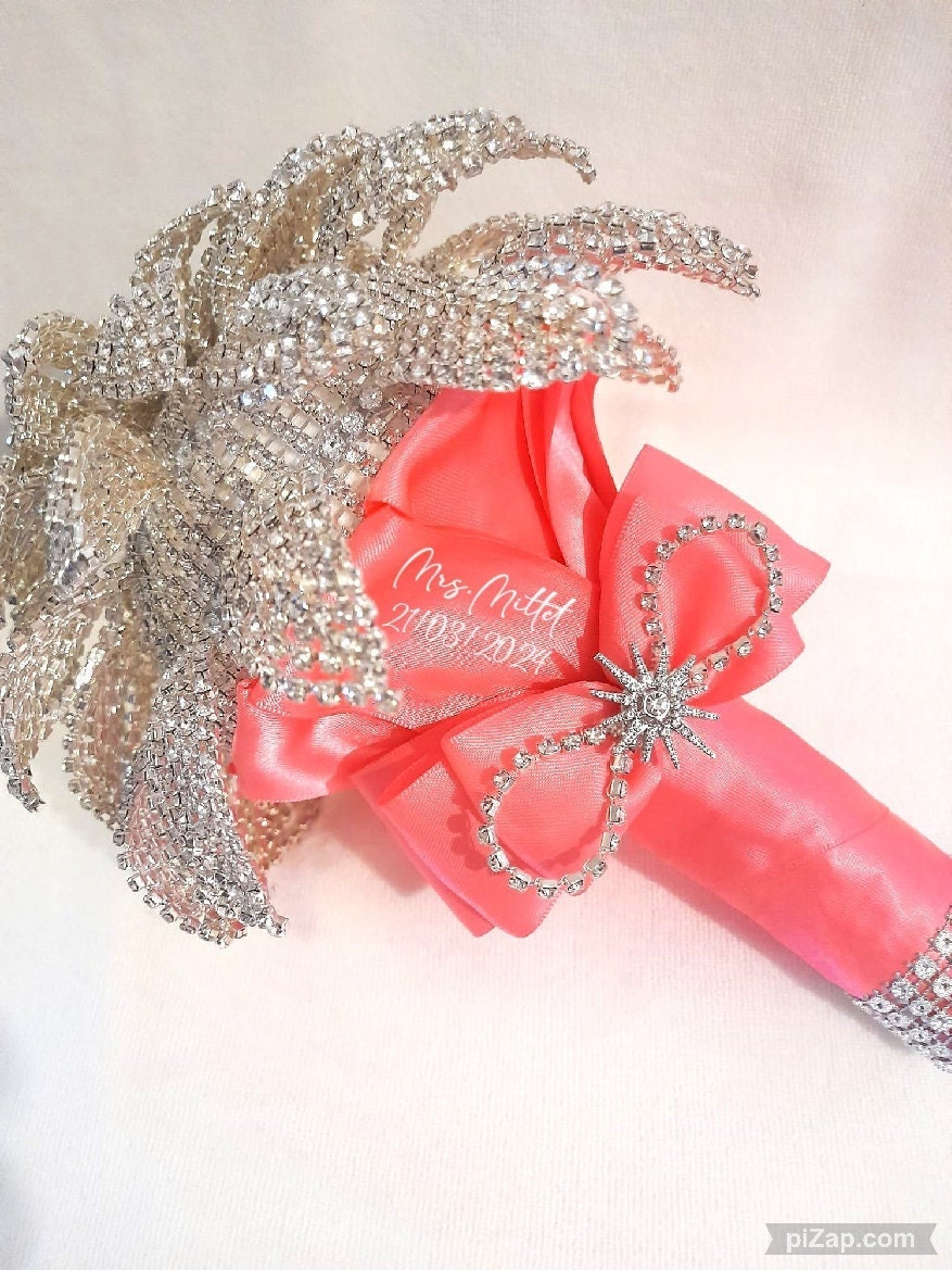 Personalized Crystal Brooch Wedding Bouquet with Satin Handle