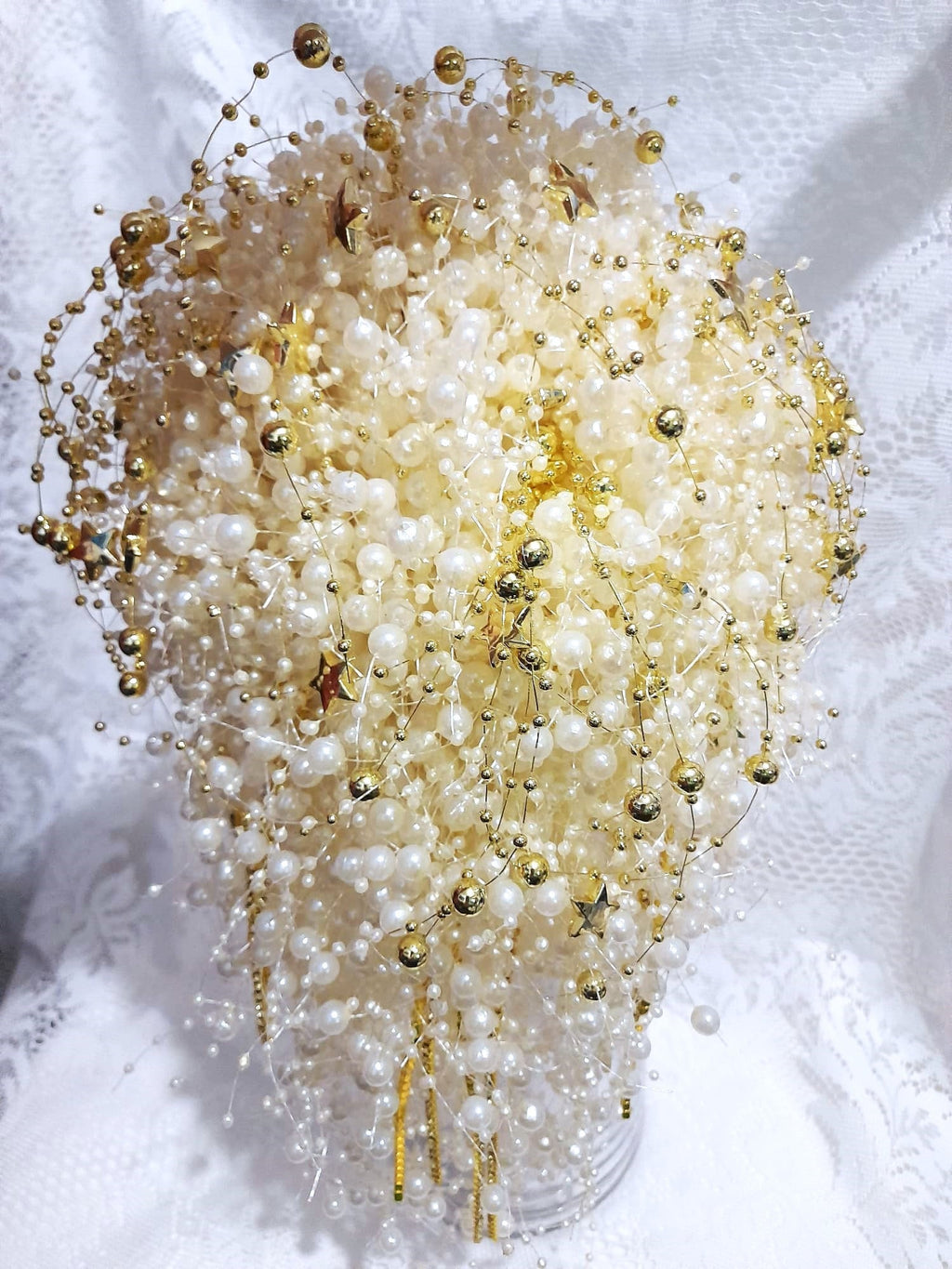 Ivory Pearl Bridal Bouquet: Jeweled Cascade with Gold Stars