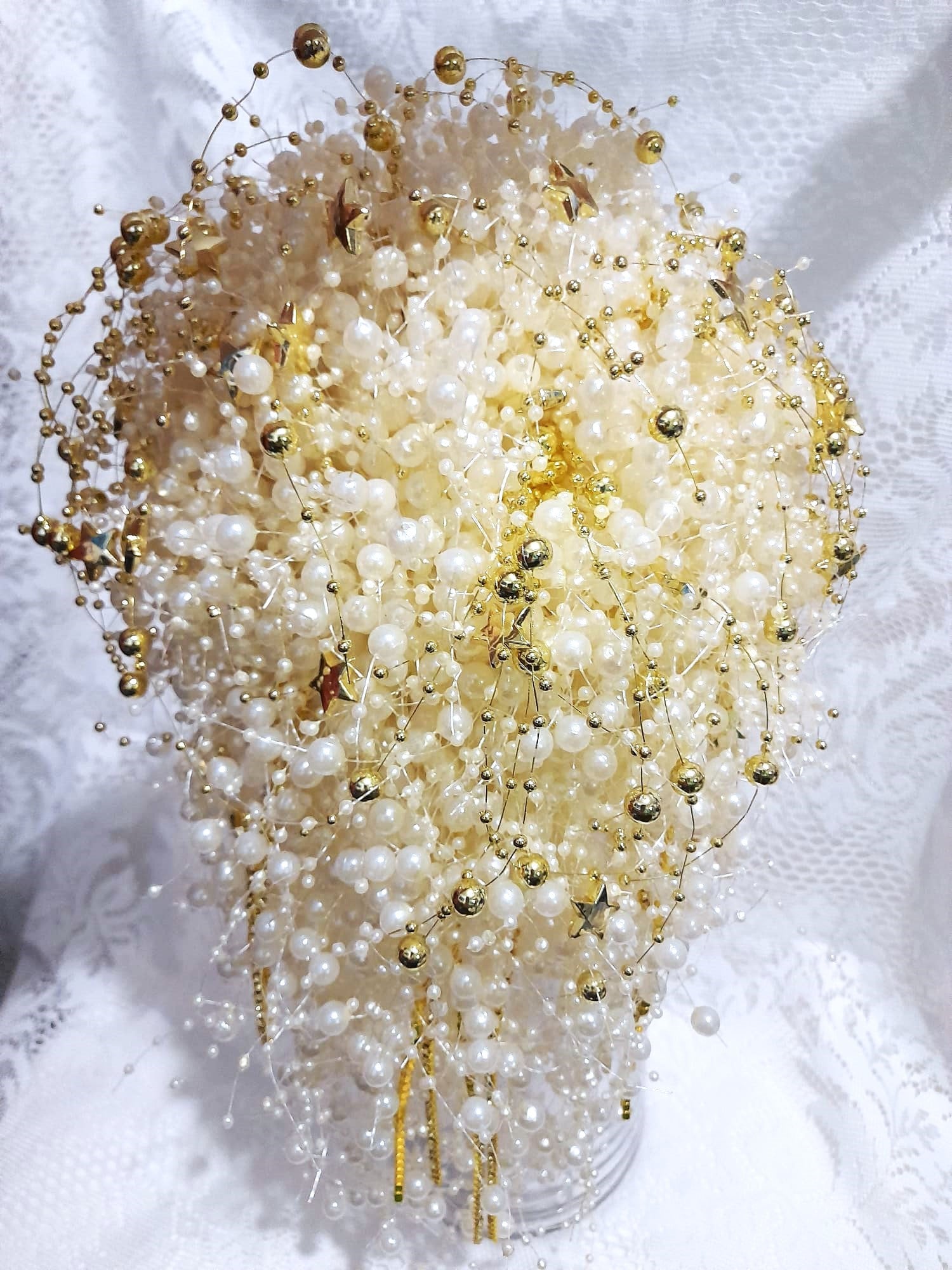 Ivory Pearl Bridal Bouquet: Jeweled Cascade with Gold Stars