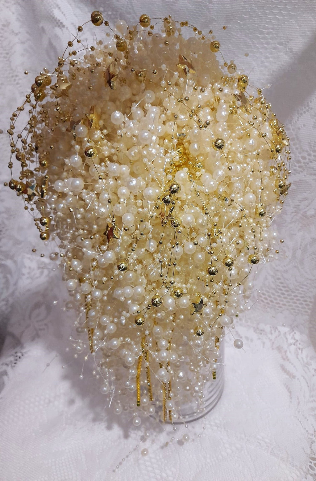 Ivory Pearl Bridal Bouquet: Jeweled Cascade with Gold Stars