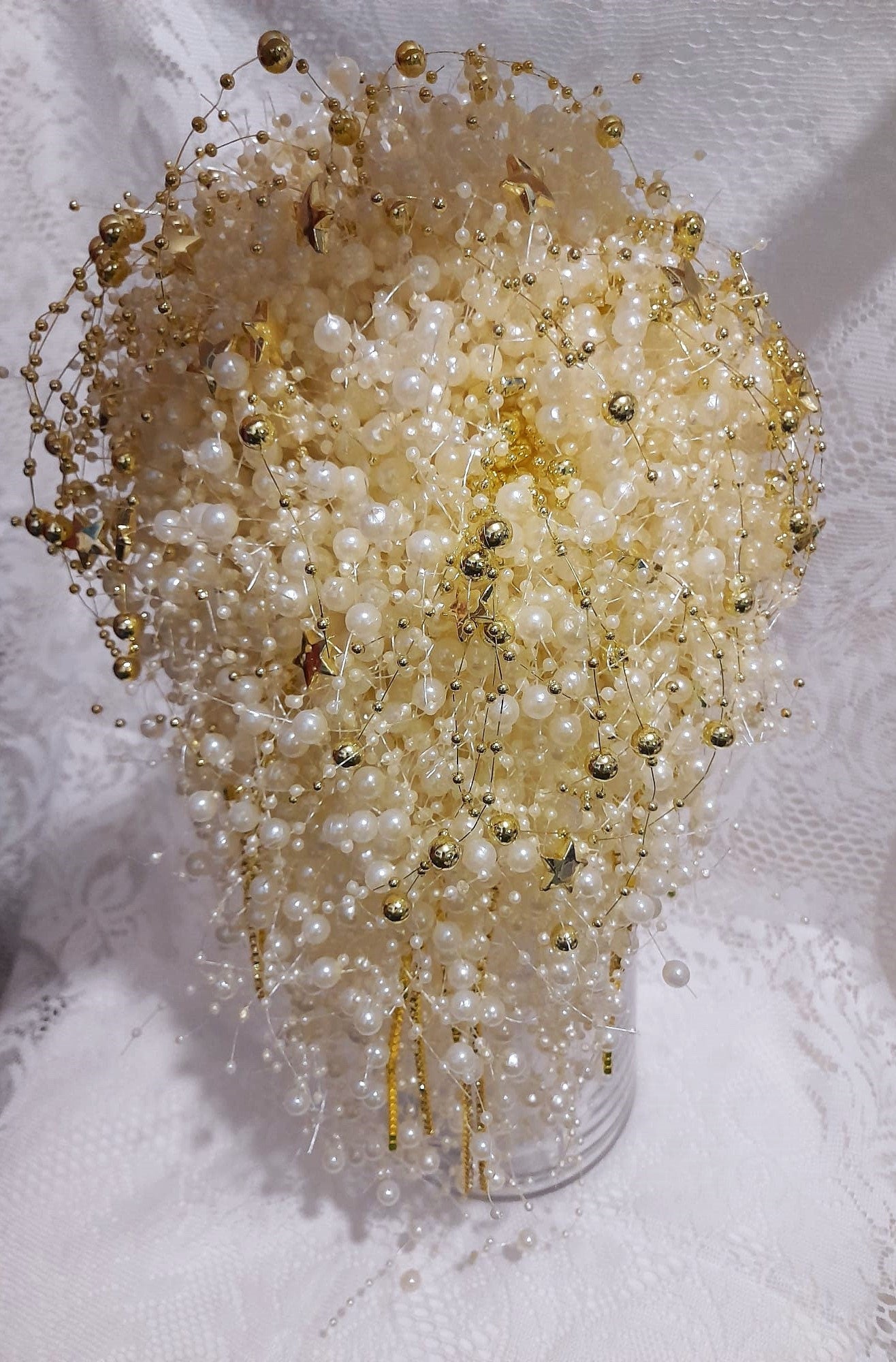 Ivory Pearl Bridal Bouquet: Jeweled Cascade with Gold Stars