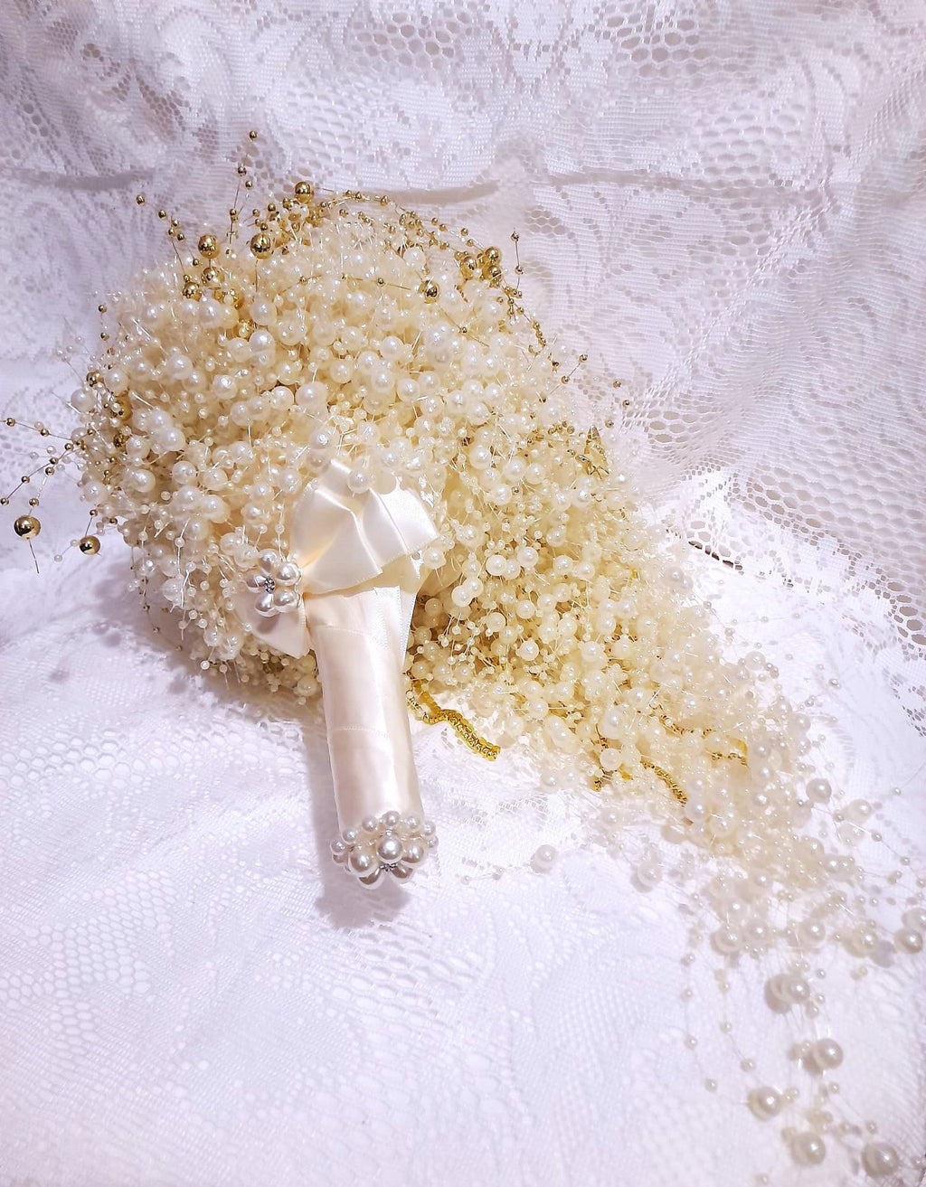 Ivory Pearl Bridal Bouquet: Jeweled Cascade with Gold Stars