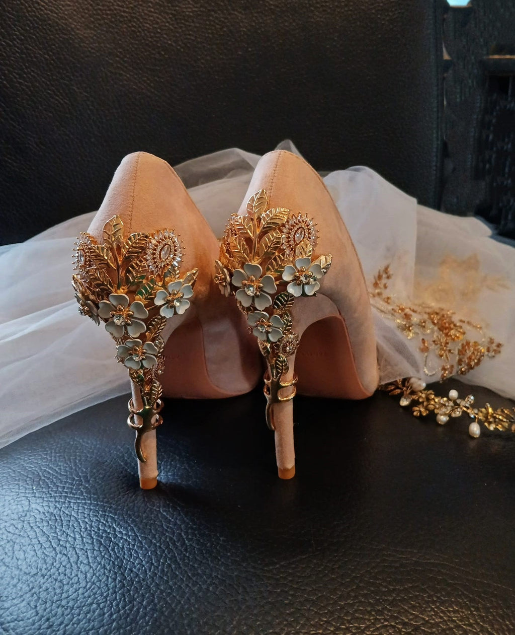 Blush Pink Suede Wedding Pumps: Gold Carved Floral Heels