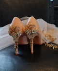 Blush Pink Suede Wedding Pumps: Gold Carved Floral Heels