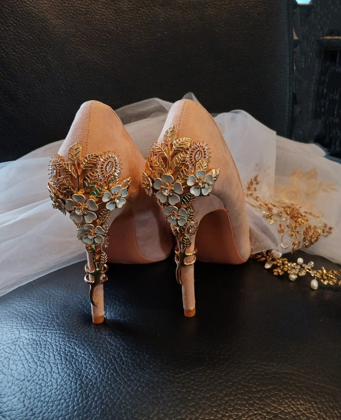 Blush Pink Suede Wedding Pumps: Gold Carved Floral Heels