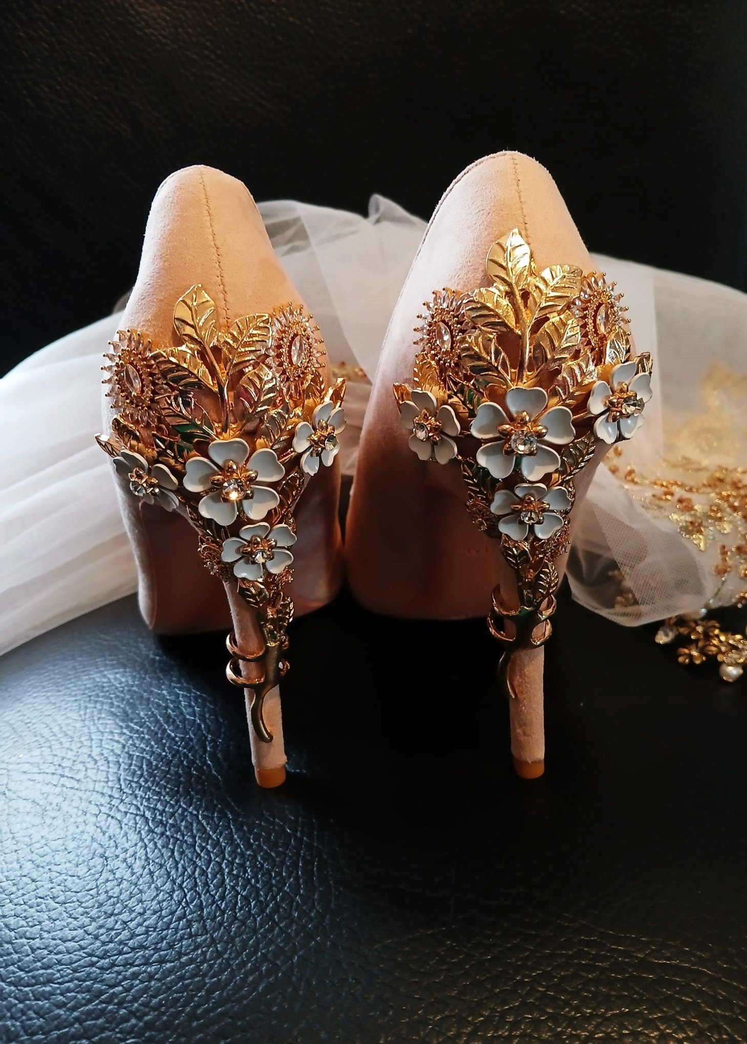 Blush Pink Suede Wedding Pumps: Gold Carved Floral Heels