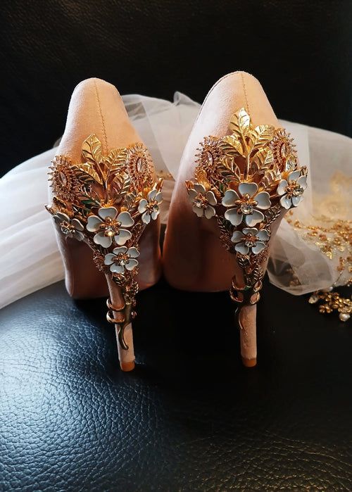 Blush Pink Suede Wedding Pumps: Gold Carved Floral Heels