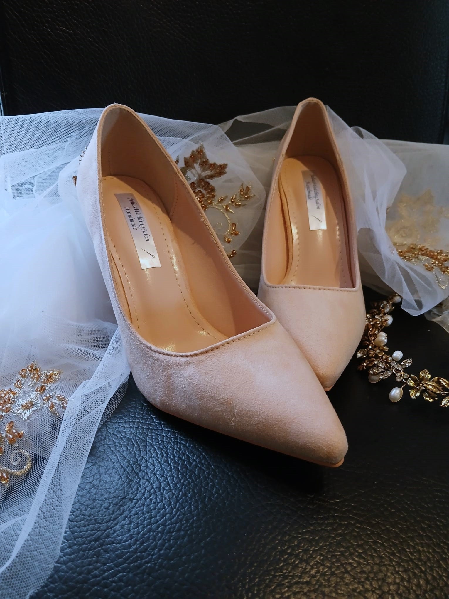 Blush Pink Suede Wedding Pumps: Gold Carved Floral Heels