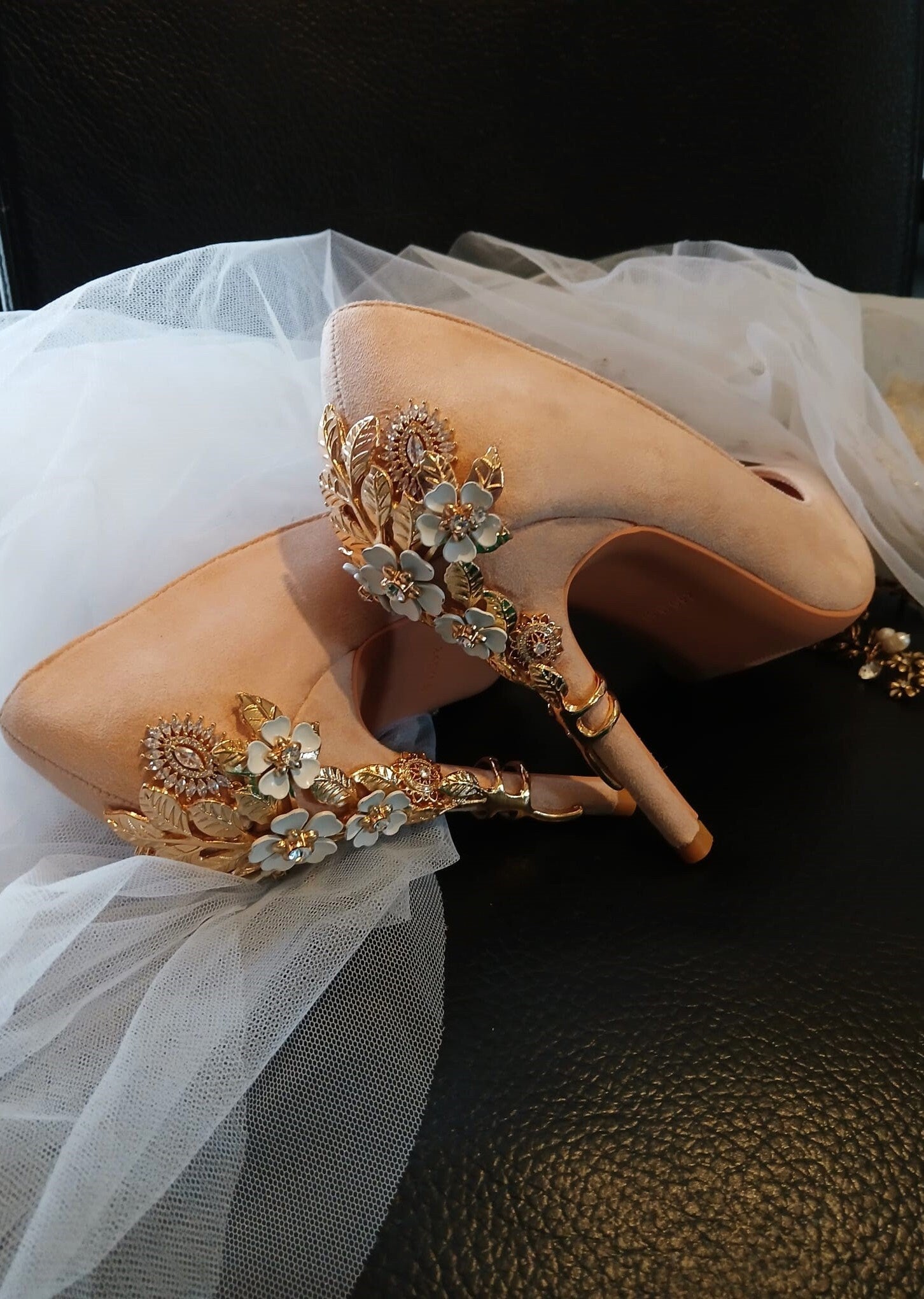 Blush Pink Suede Wedding Pumps: Gold Carved Floral Heels