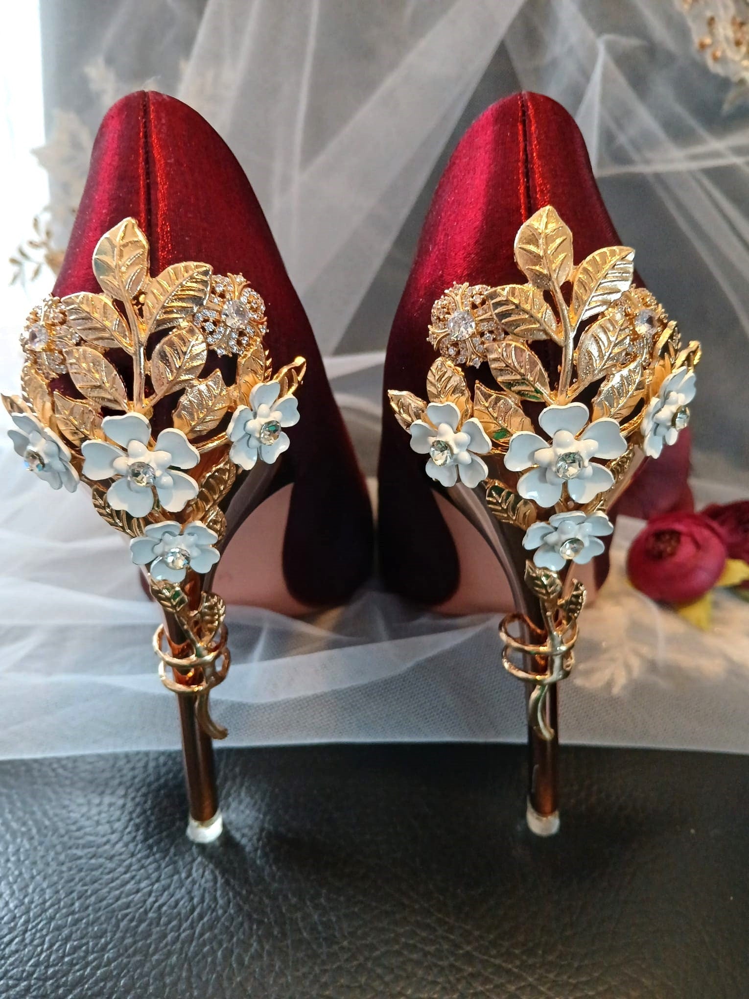 Burgundy Satin Bridal Shoes: Carved Floral Heel, Gothic Wedding