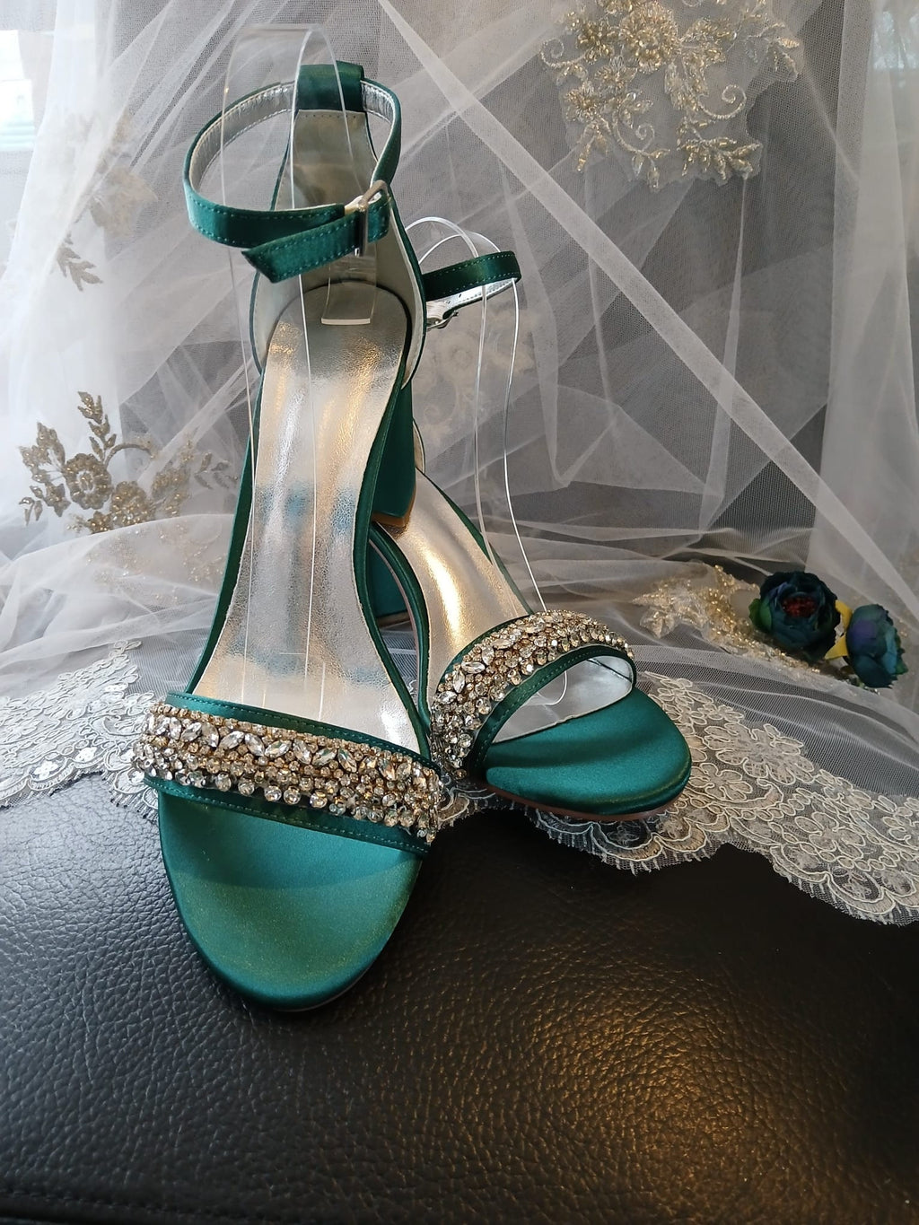 Green Satin Bridal Sandals: Crystal Block Heel Evening Shoes