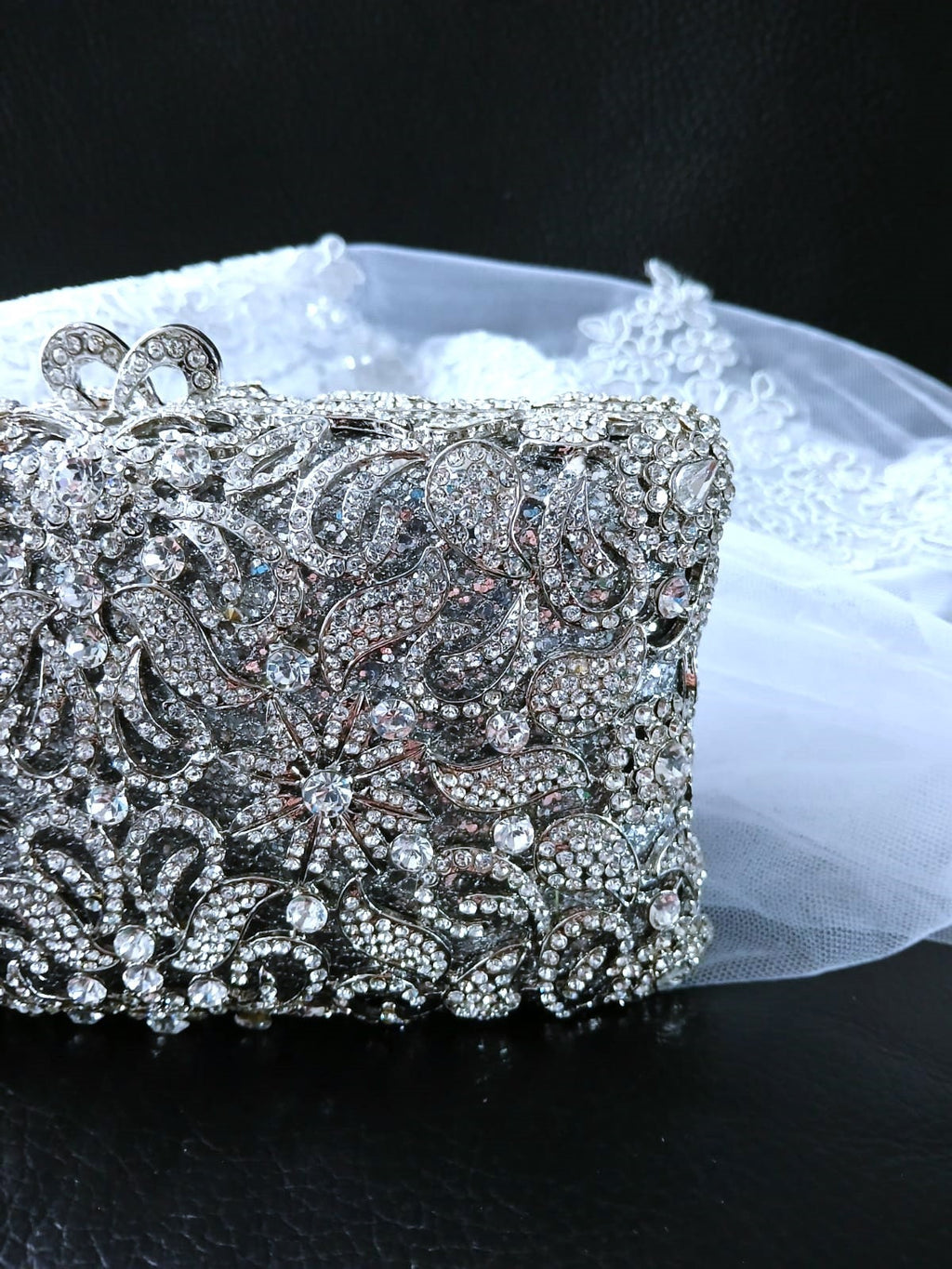 Silver Evening Clutch Bag In Metal Base: Swarovski Crystal Wedding Purse