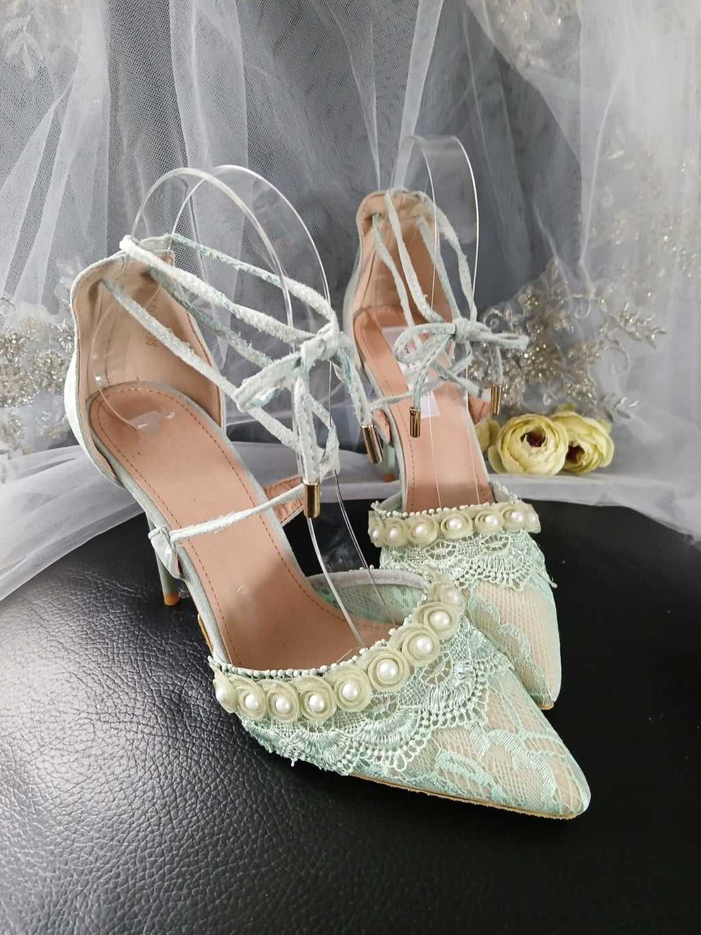 Sage Green Suede Bridal Shoes: Lace Wedding Sandals with Pearls