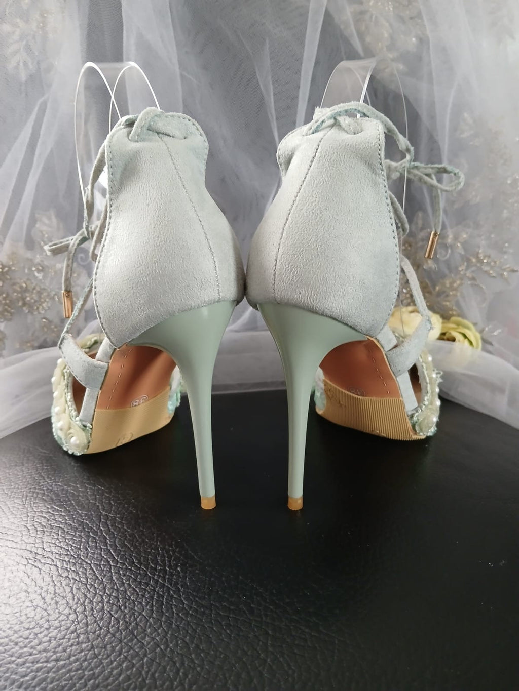 Sage Green Suede Bridal Shoes: Lace Wedding Sandals with Pearls