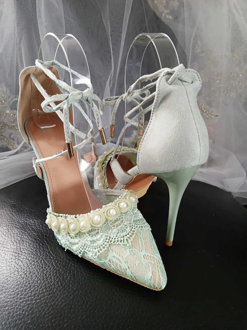 Sage Green Suede Bridal Shoes: Lace Wedding Sandals with Pearls