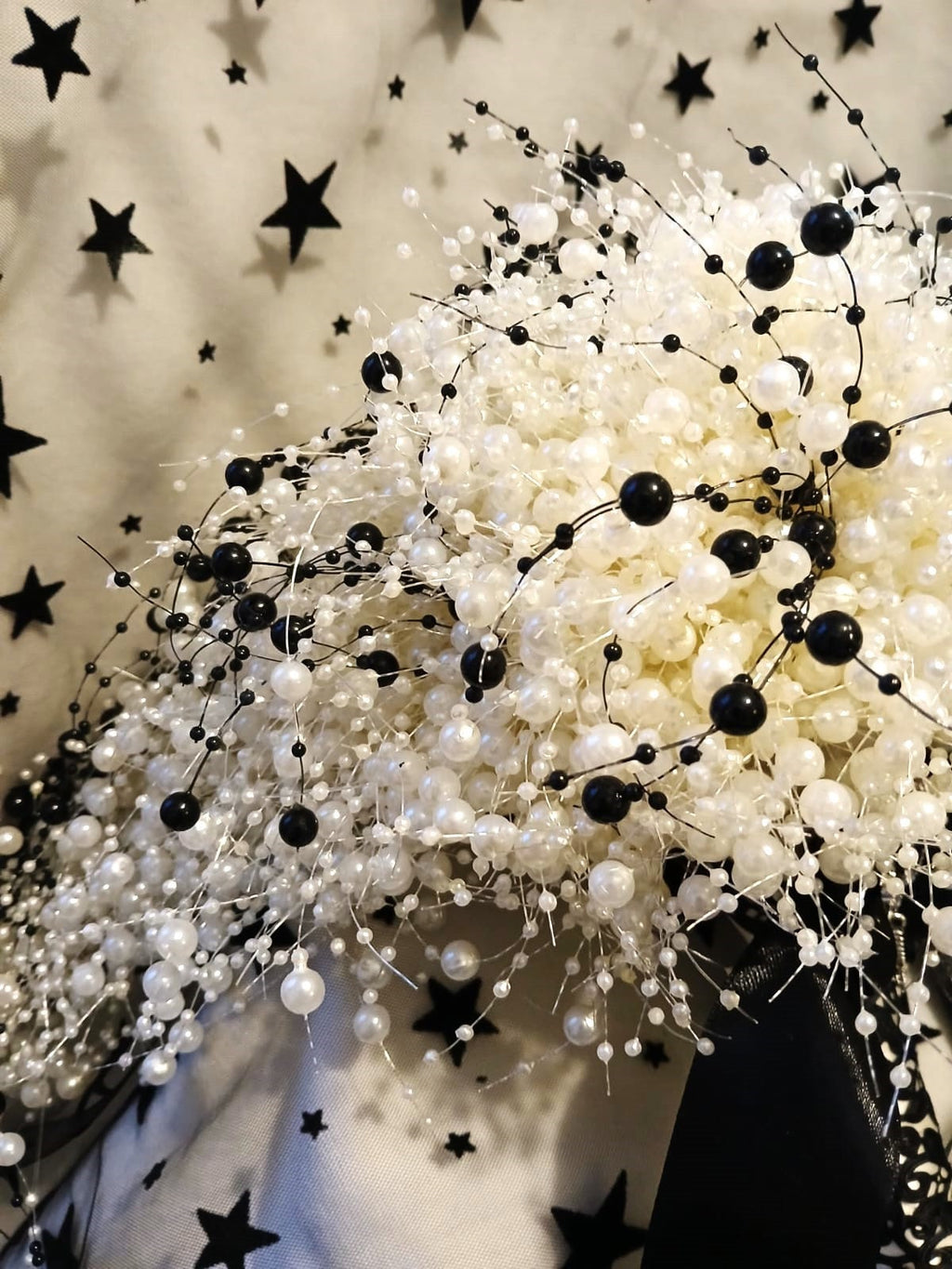 Black & Ivory Pearl Waterfall Bridal Bouquet: Gothic Wedding Decor