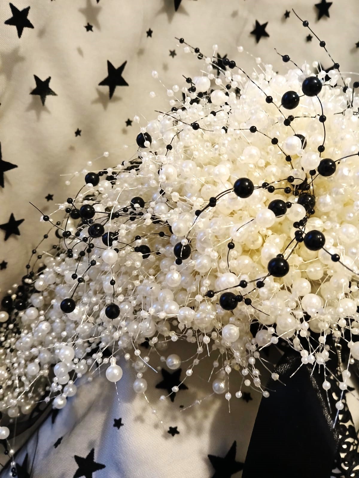 Black & Ivory Pearl Waterfall Bridal Bouquet: Gothic Wedding Decor