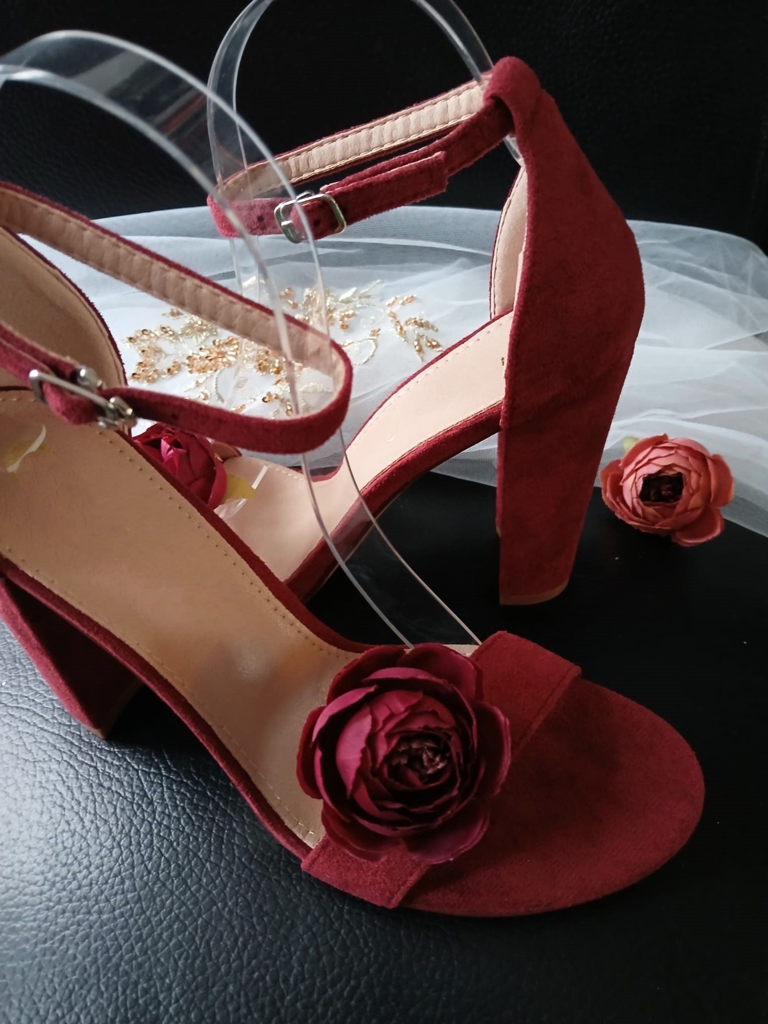 Wine Red Suede Bridal Sandals: Block Heel Shoes with Flower Clips