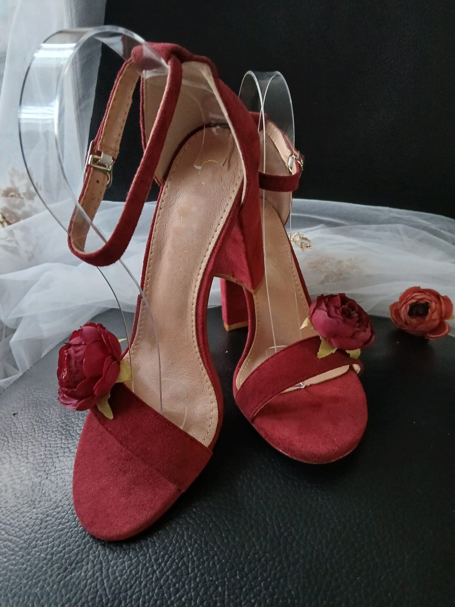 Wine Red Suede Bridal Sandals: Block Heel Shoes with Flower Clips