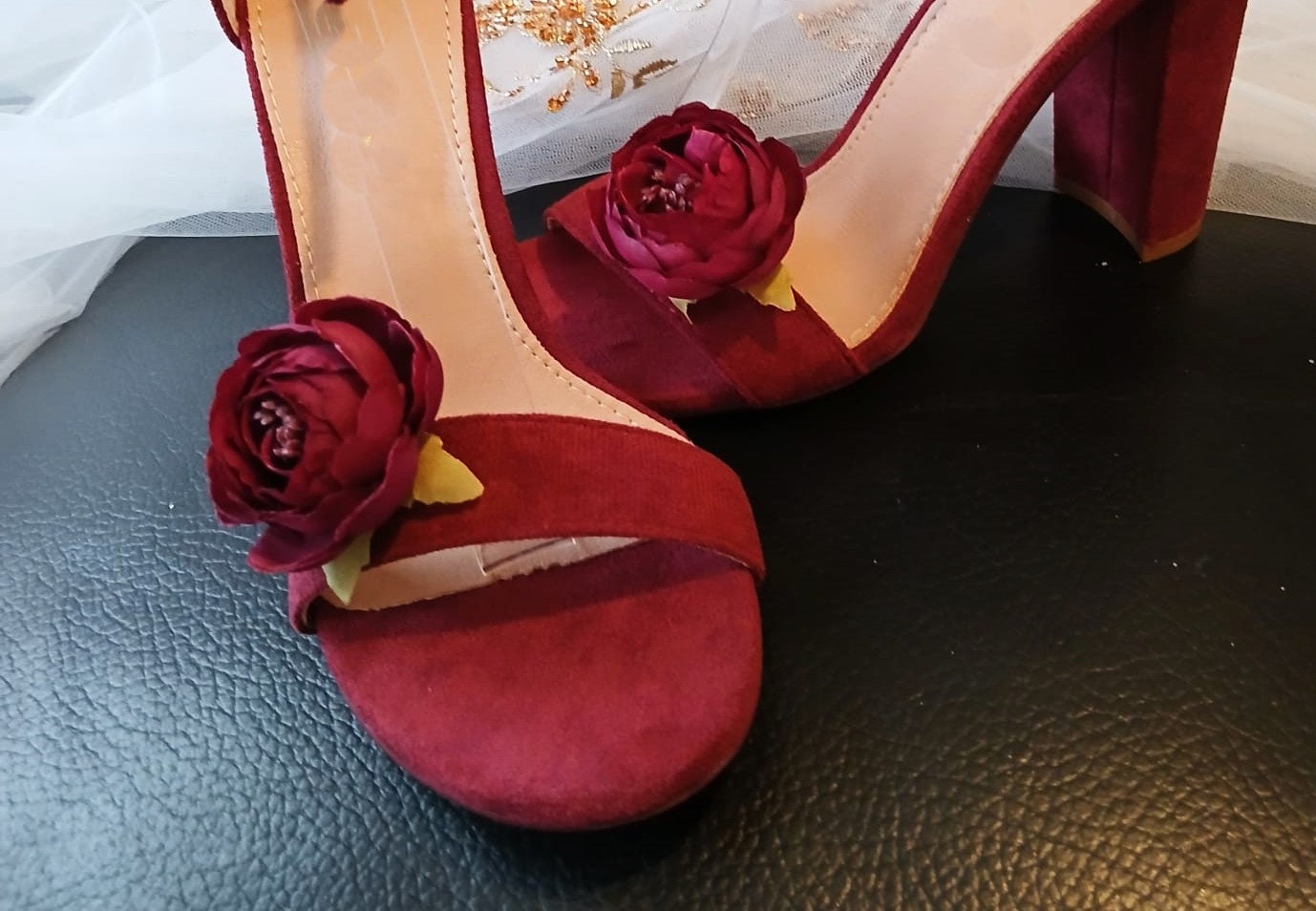 Wine Red Suede Bridal Sandals: Block Heel Shoes with Flower Clips